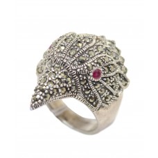 Oxidized Ring Eagle Head Silver 925 Sterling Women's Marcasite Stone A569